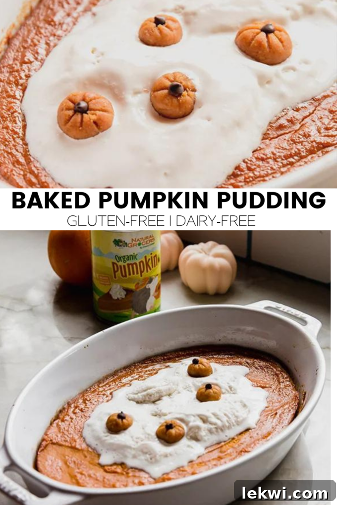 Visually appealing collage with text overlay: "Baked Pumpkin Pudding Gluten-Free | Dairy-Free," showcasing the delicious dessert.