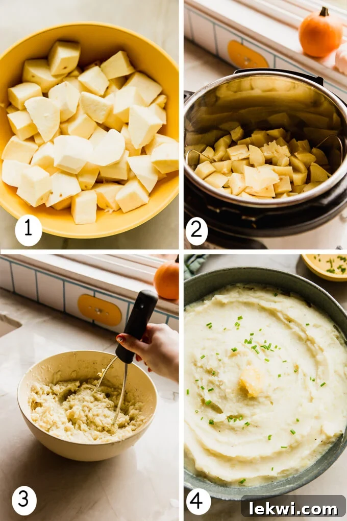 Step-by-step photos illustrating the process of making Instant Pot white sweet potatoes, from chopping the raw potatoes to the final mashed dish.
