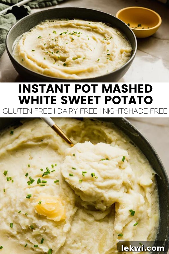 A visual collage featuring the dish with text overlay: "Instant Pot Mashed White Sweet Potato Gluten-Free | Dairy-Free | Nightshade-Free."
