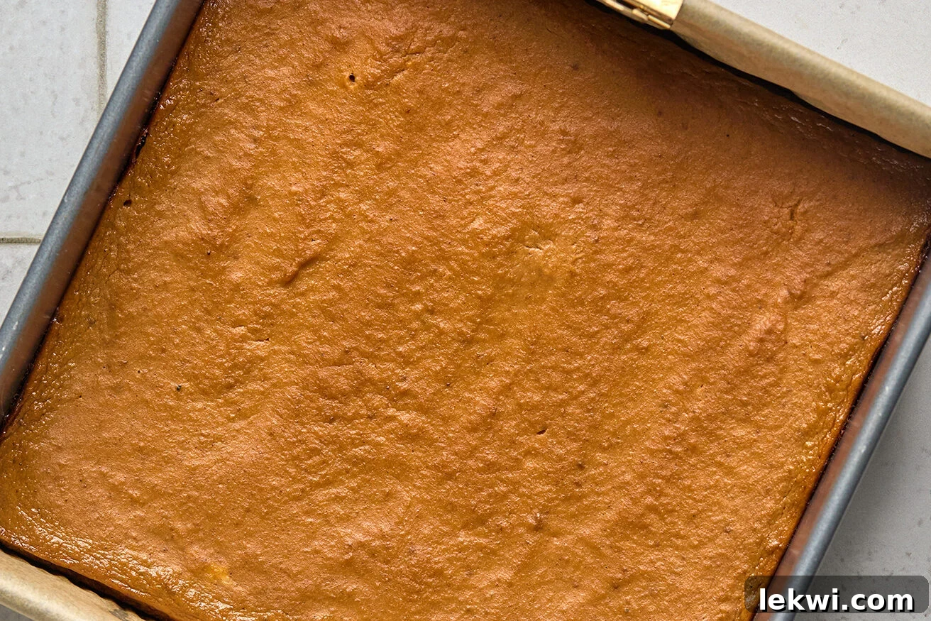 Gluten-free pumpkin pie cookie bars, freshly baked in an 8x8 inch pan, with a golden-brown cookie crust and a set, lightly browned pumpkin filling.