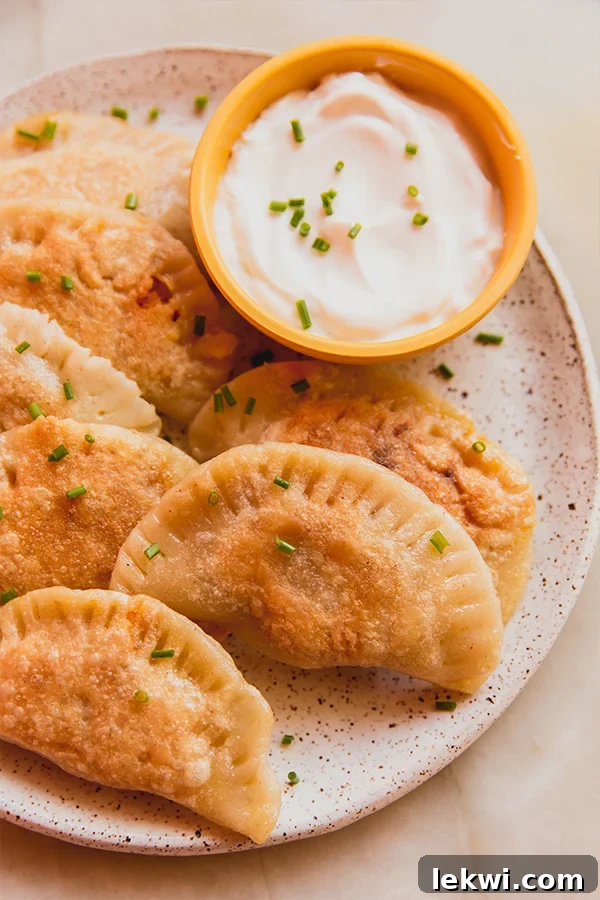Pumpkin ricotta pierogies on a plate with dip.