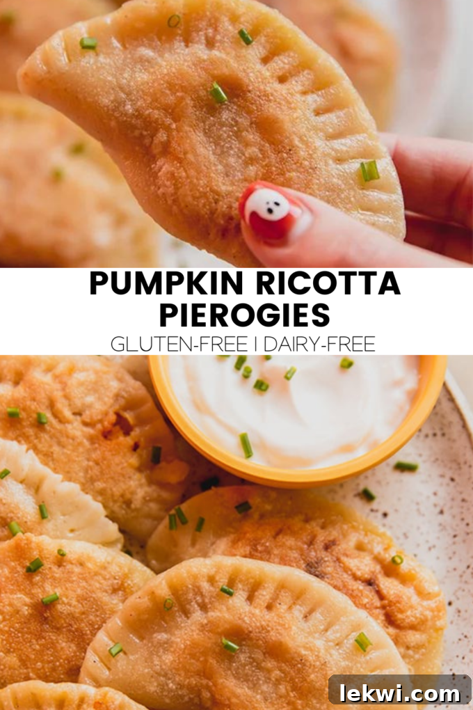 Collage with text "Pumpkin Ricotta Pierogies Gluten-Free | Dairy-Free."