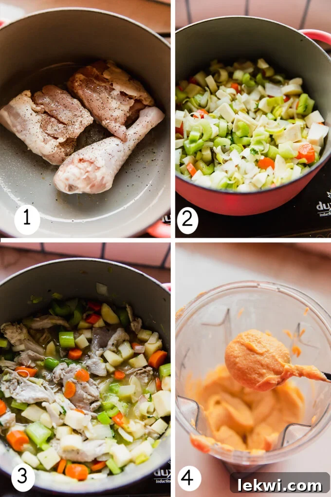 Step-by-step photos illustrating the process of making homemade chicken bouillon cubes, from raw ingredients to final frozen cubes.