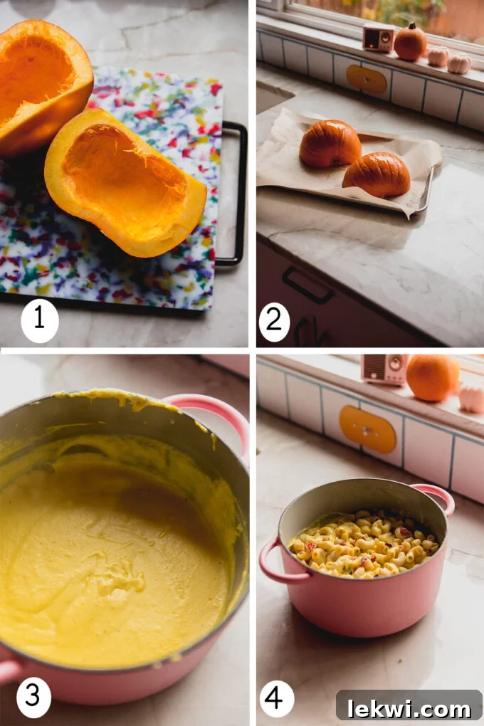 Step-by-step photographic collage showing the process of roasting a pumpkin, blending the sauce, and combining with pasta for dairy-free pumpkin mac and 'cheese'.