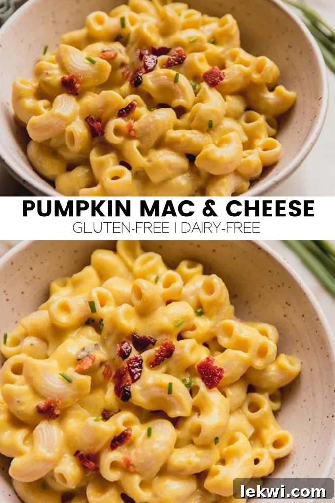 Collage with text 'Pumpkin Mac & Cheese Gluten-Free | Dairy-Free.' showcasing the final dish.