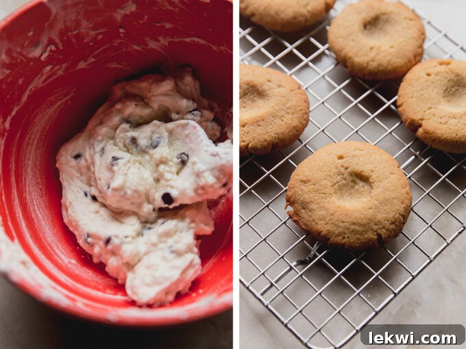 Photos of the cannoli cream after being mixed and the cookies after baking.
