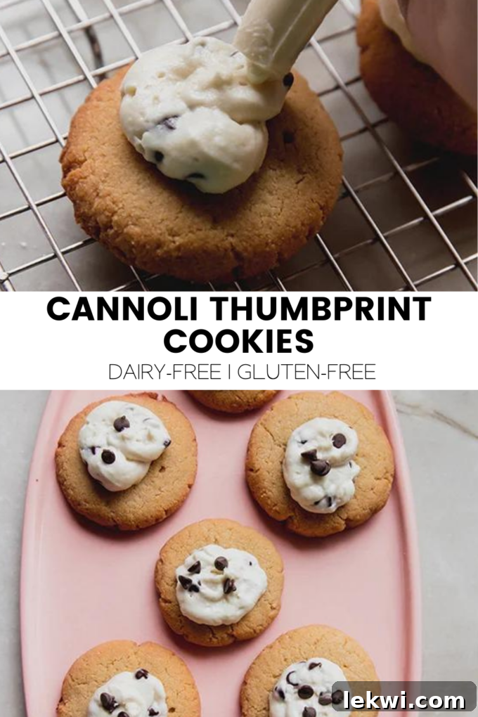 Collage with text \"Cannoli Thumbprint Cookies Dairy-Free | Gluten-Free.\"