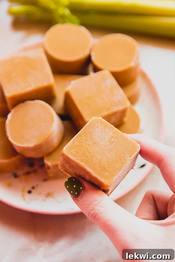 A hand reaching to take a homemade beef bouillon cube from a stack on a kitchen counter.
