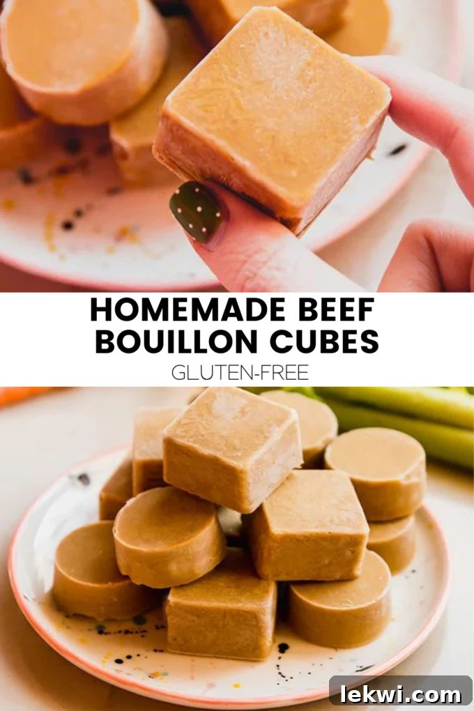 Promotional collage with text "Homemade Beef Bouillon Cubes Gluten-Free." highlighting the health benefits and ease of making.