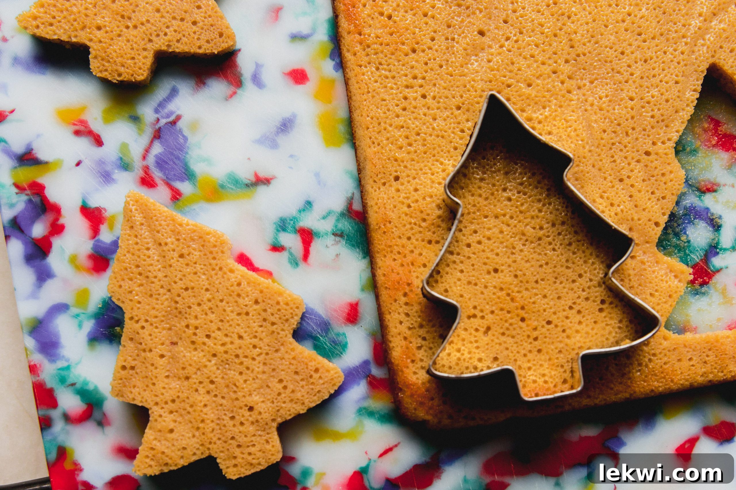 Christmas tree shapes being cut from baked cake sheets using a cookie cutter.