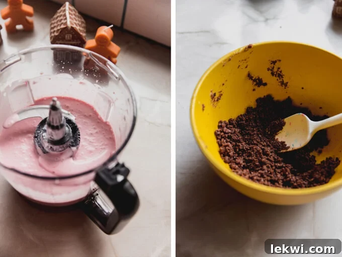 A food processor containing the blended peppermint cheesecake filling next to a bowl of crushed cookie crust mixture, ready for assembly.