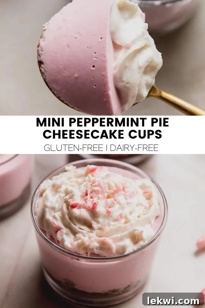 Collage with text "Mini Peppermint Pie Cheesecake Cups Gluten-Free | Dairy-Free." highlighting the key dietary features.