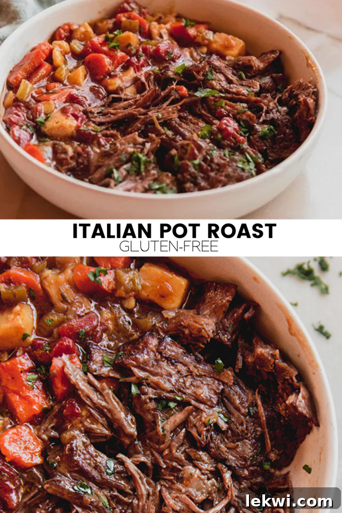 A mouth-watering collage with the text "Italian Pot Roast Gluten-Free" featuring the final dish, ingredients, and preparation steps.