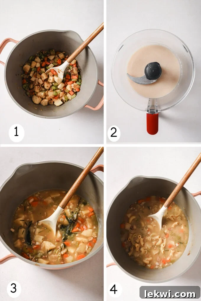 Step by step photos of making the white pasta fagioli soup.