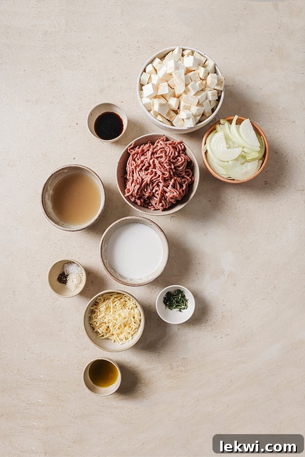 All of the ingredients for French onion shepherd's pie before making the dish.