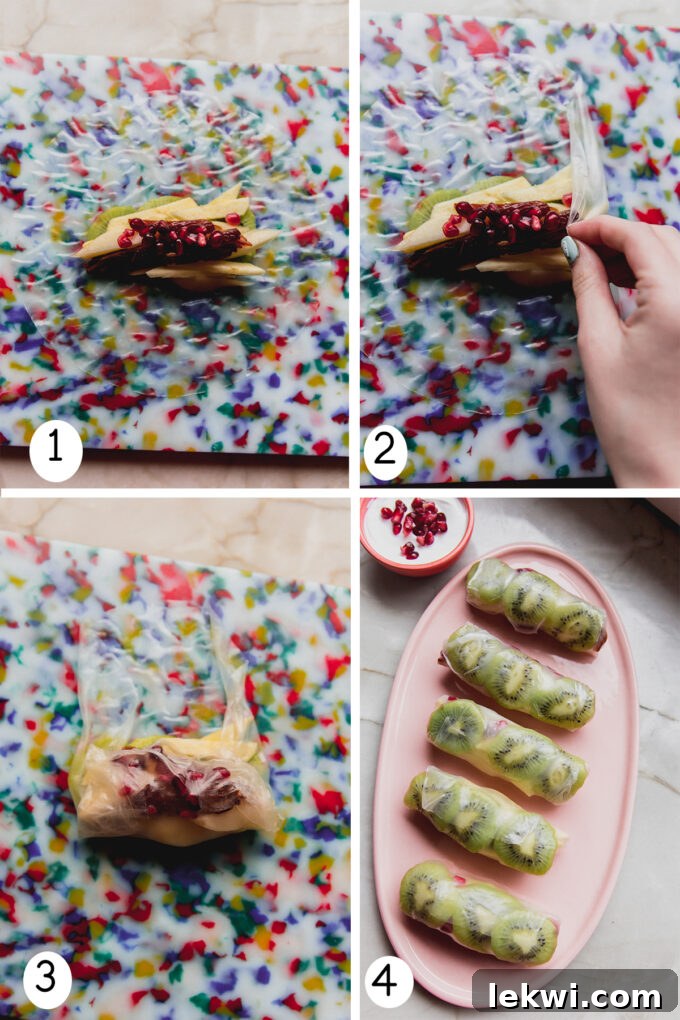 A series of step-by-step photos illustrating the process of making fresh winter fruit rice paper rolls, from softening the wrapper to filling and rolling.