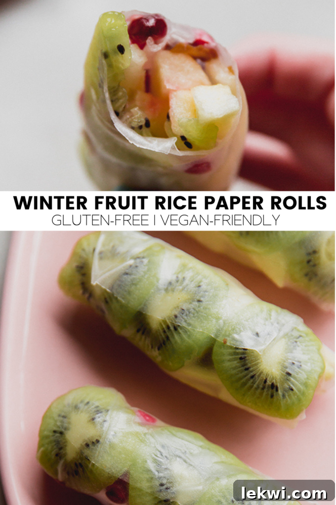 Collage with text "Winter Fruit Rice Paper Rolls Gluten-Free | Vegan-Friendly."
