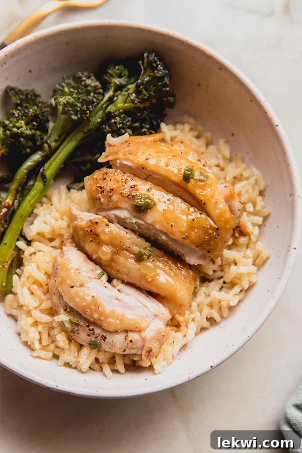 Slices of chicken over rice in a bowl.