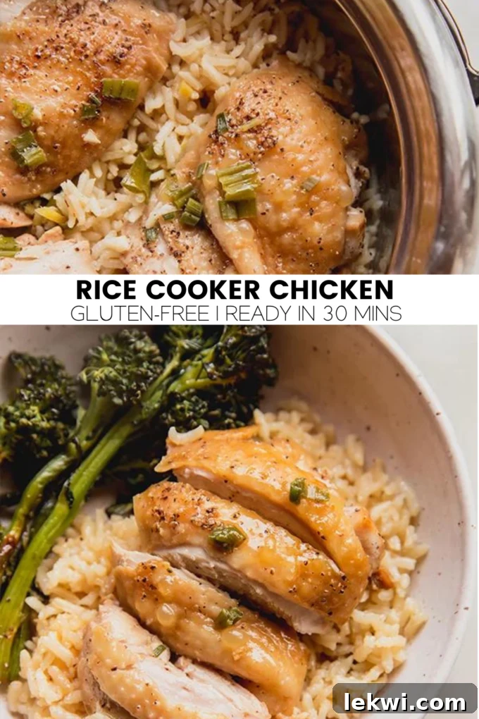 Collage with text "Rice Cooker Chicken Gluten-Free | Ready in 30 Mins."