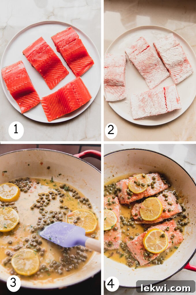 Step-by-step photos illustrating the preparation of salmon piccata, from searing to saucing.