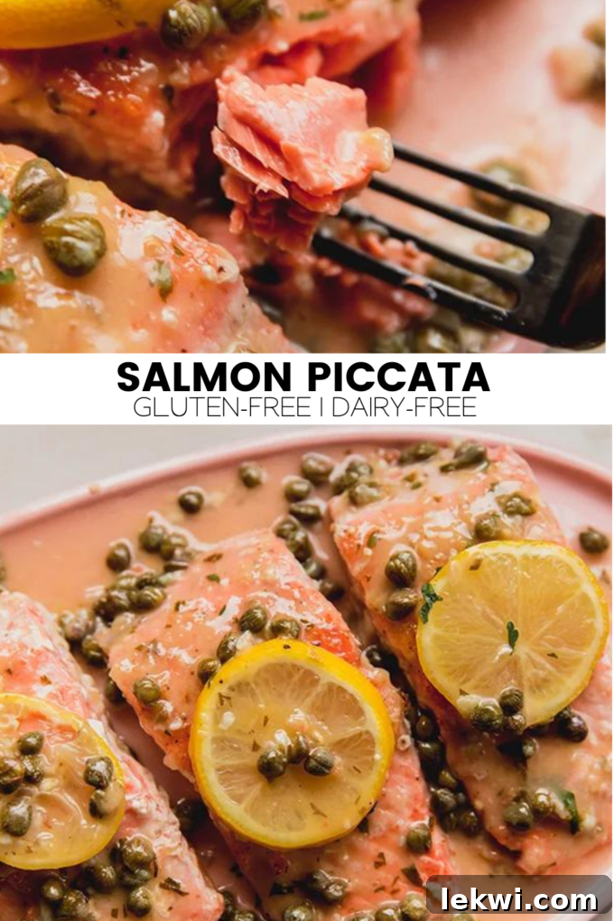 Collage with text "Salmon Piccata Gluten-Free | Dairy-Free."