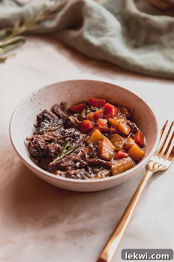 A bowl full of apple cider braised pot roast with vegetables.