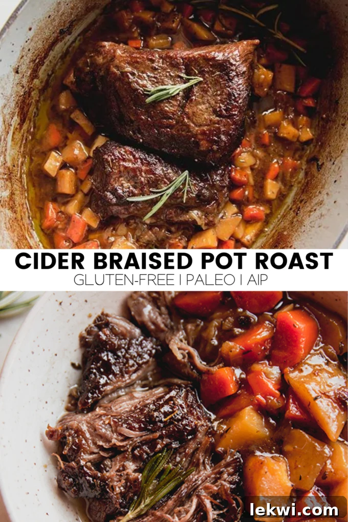 Collage with text "Cider Braised Pot Roast Gluten-Free | Paleo | AIP."