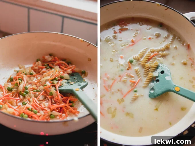A visual guide showing the two stages of cooking: before adding pasta and liquid, and after, illustrating the transformation of ingredients into a delicious base.