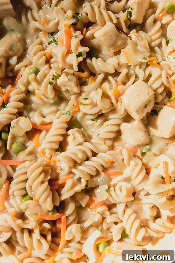 Chicken pot pie pasta with vegetables.