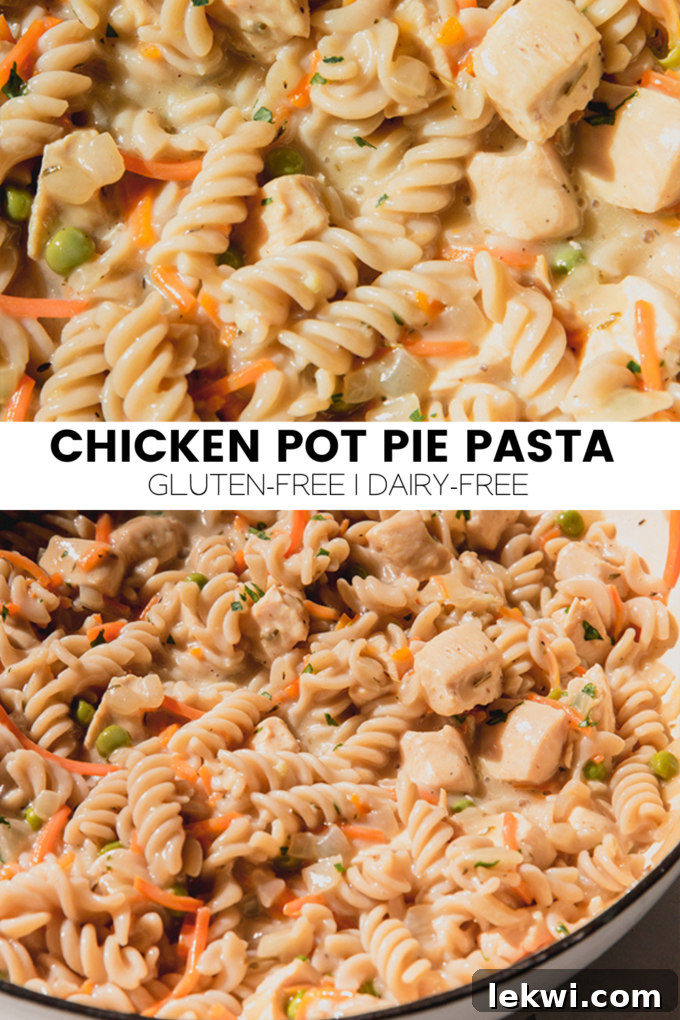 Collage with text "Chicken Pot Pie Pasta Gluten-Free | Dairy-Free."