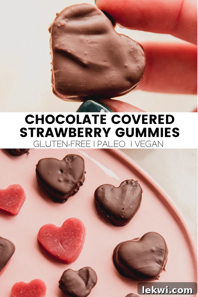 Collage with text "Chocolate Covered Strawberry Gummies Gluten-Free | Paleo | Vegan."