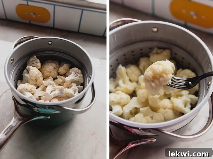 Photos showing cauliflower florets before and after steaming, ready for wrapping.