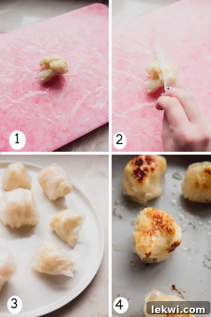 Step-by-step collage showing how to wrap cauliflower in rice paper and pan-fry until crispy.