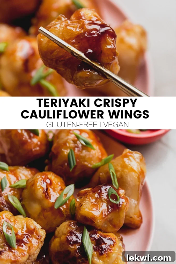 Collage image featuring text "Teriyaki Crispy Cauliflower Wings Gluten-Free | Vegan" alongside an image of the finished dish.