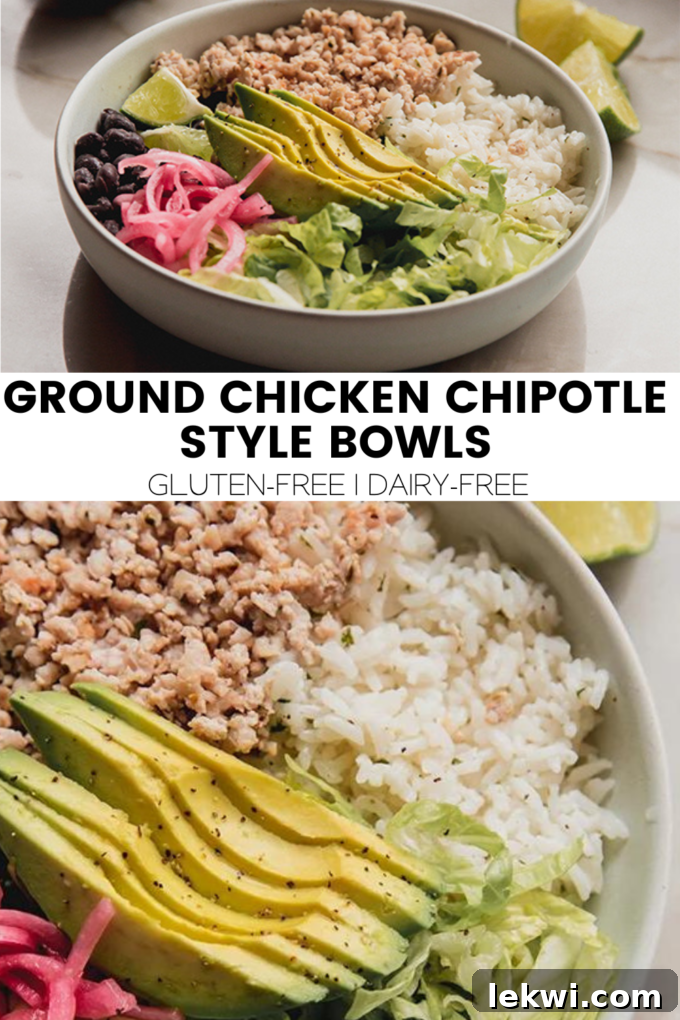 Visually appealing collage with text "Ground Chicken Chipotle Style Bowls Gluten-Free | Dairy-Free" alongside images of the finished dish and ingredients.