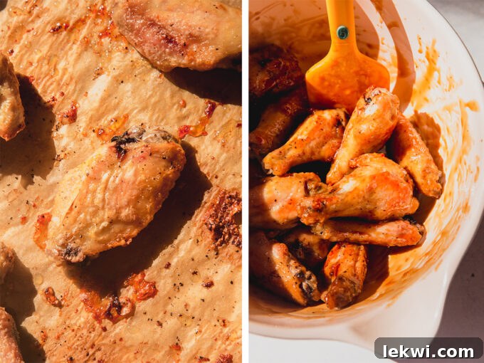 Two images: one showing baked wings before sauce, the other after being coated in sauce, illustrating the transformation.