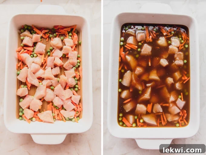 A two-panel collage showing the preparation stages of baked honey garlic chicken noodles before baking, with uncooked spaghetti, cubed chicken, and vegetables in a dish, then covered in sauce.