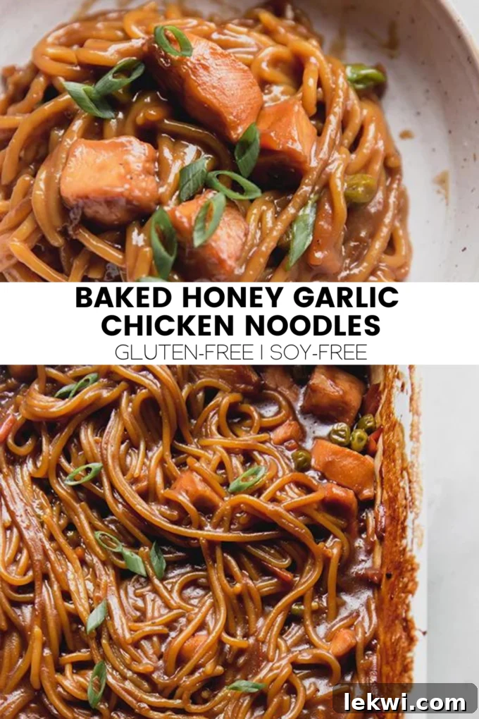 A collage featuring text 'Baked Honey Garlic Chicken Noodles Gluten-Free | Soy-Free' alongside a delicious image of the finished dish, perfect for social media sharing.
