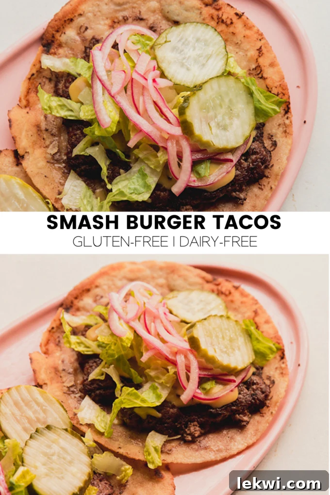 Collage with text \"Smash Burger Tacos Gluten-Free | Dairy-Free.\"