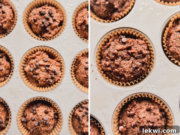 A visual comparison showing muffin batter in a tin before baking and the beautifully golden, risen chocolate banana bread muffins after baking.