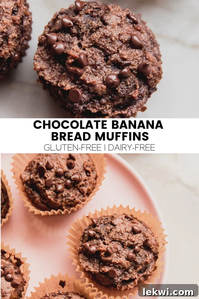 A collage featuring images of chocolate banana bread muffins with text overlay: 'Chocolate Banana Bread Muffins Gluten-Free | Dairy-Free.'