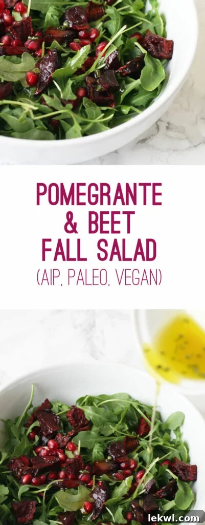 Jeweled Fall Pomegranate Beet Salad AIP Paleo Vegan Friendly 6 A beautifully composed Pomegranate Beet Fall Salad in a rustic bowl, garnished with fresh herbs and ready to be served as a healthy, vibrant meal.