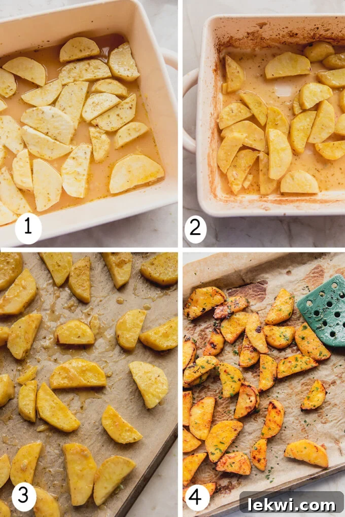 Step by step photos of making the Greek Lemon Style Sweet Potatoes, showing the process from raw ingredients to roasted dish.