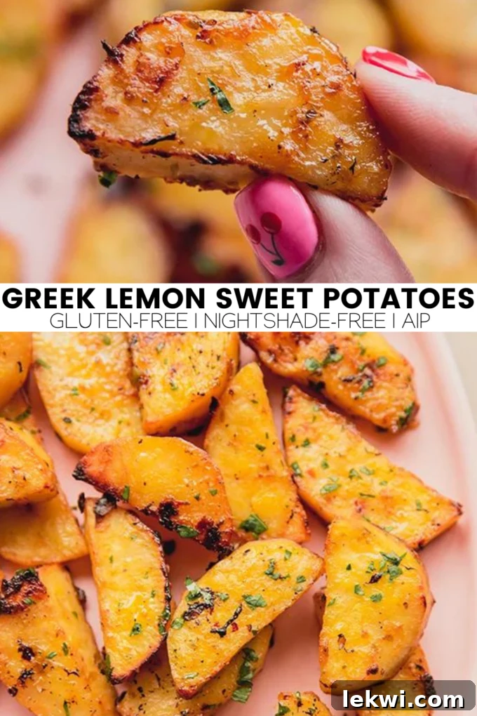 Collage with text "Greek Lemon Sweet Potatoes Gluten-Free | Nightshade-Free | AIP."