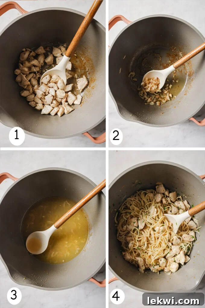 Collage of cooking chicken scampi showing different stages.