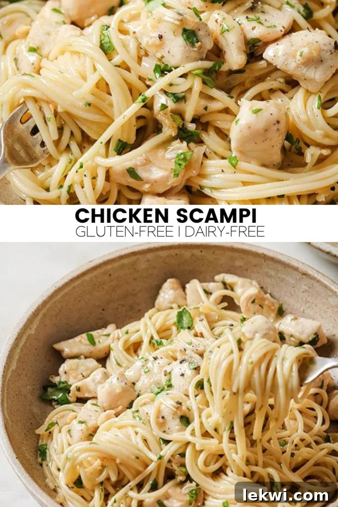 Collage with text "Chicken Scampi Gluten-Free | Dairy-Free." highlighting the dietary benefits.