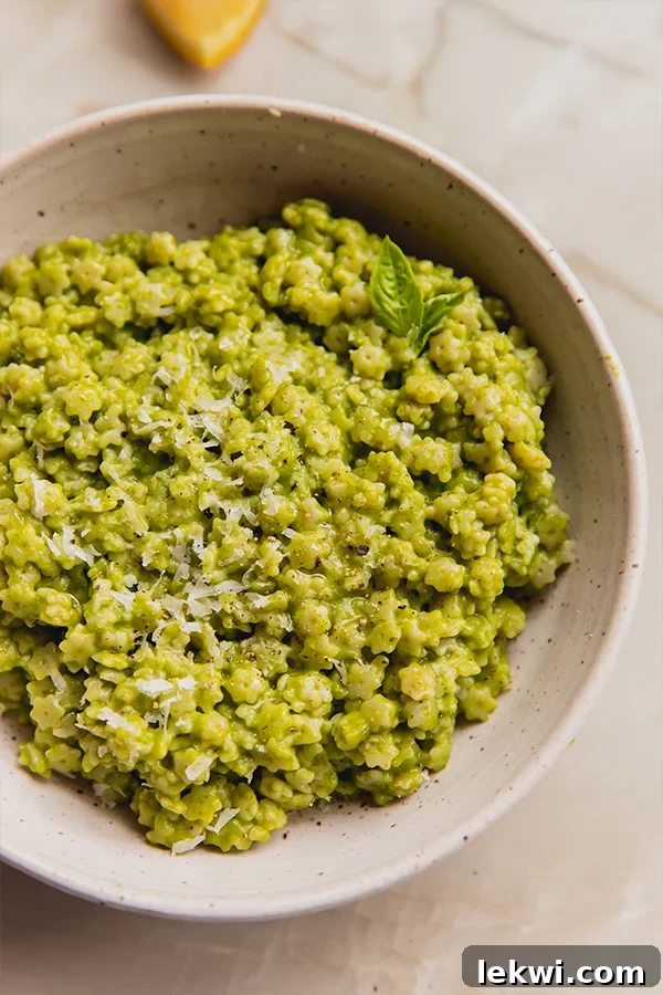 A bowl of delicious Basil Pesto Stelline pasta, garnished with fresh basil leaves, showcasing its vibrant green color and star-shaped pasta.