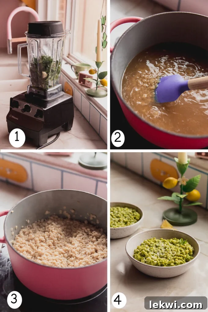 A sequence of three step-by-step photos demonstrating the preparation of basil pesto stelline: blending ingredients for pesto, cooking stelline in broth, and mixing the pesto with cooked pasta.