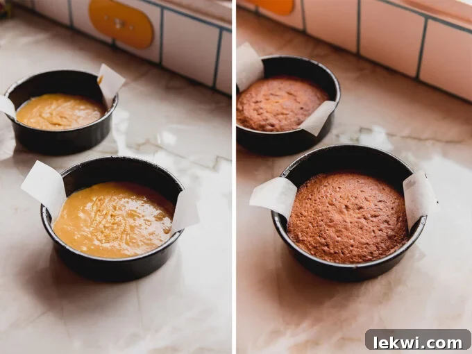 A visual progression of the cake, showing the unbaked batter in pans and then the beautifully baked and risen cake layers, ready for cooling.