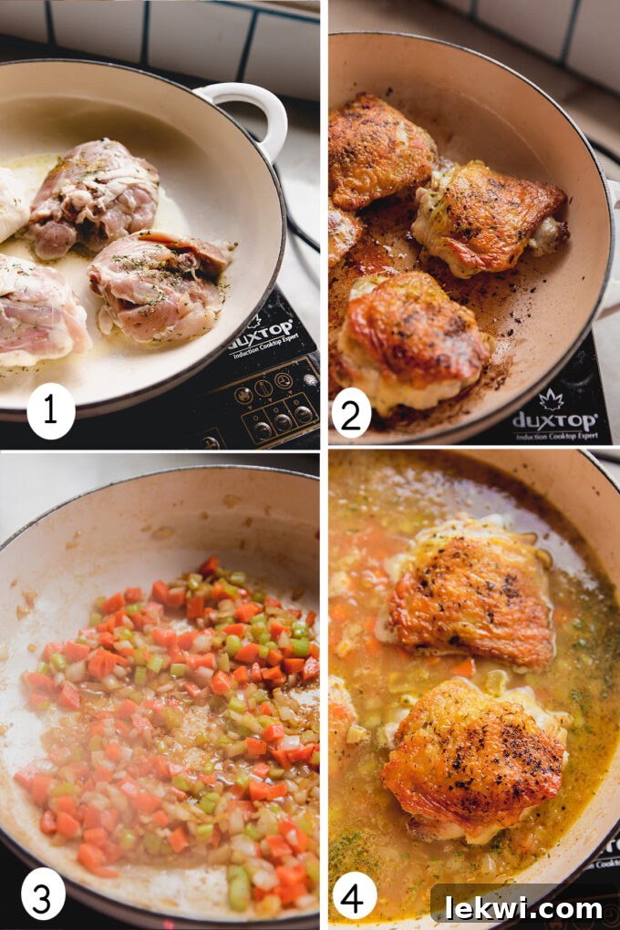Collage of 4 images with chicken thighs being crisped in a pan, then veggies cooking in the same pan, and finally, rice, broth and the chicken thighs in the same pan.